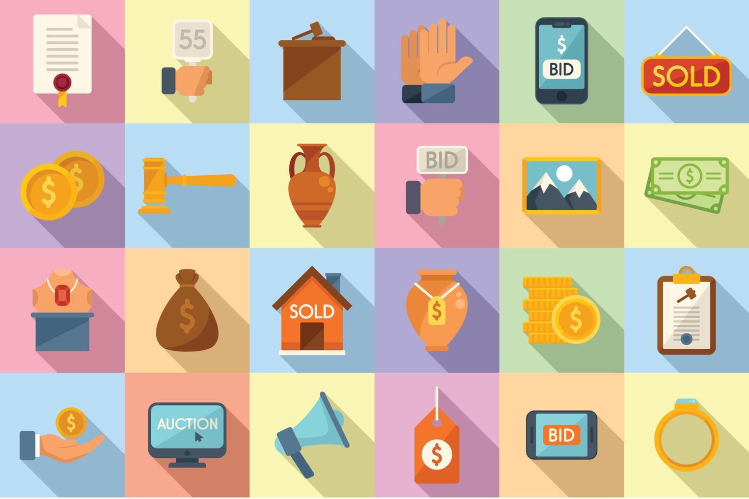 Auction icons set flat vector. Online charity vector