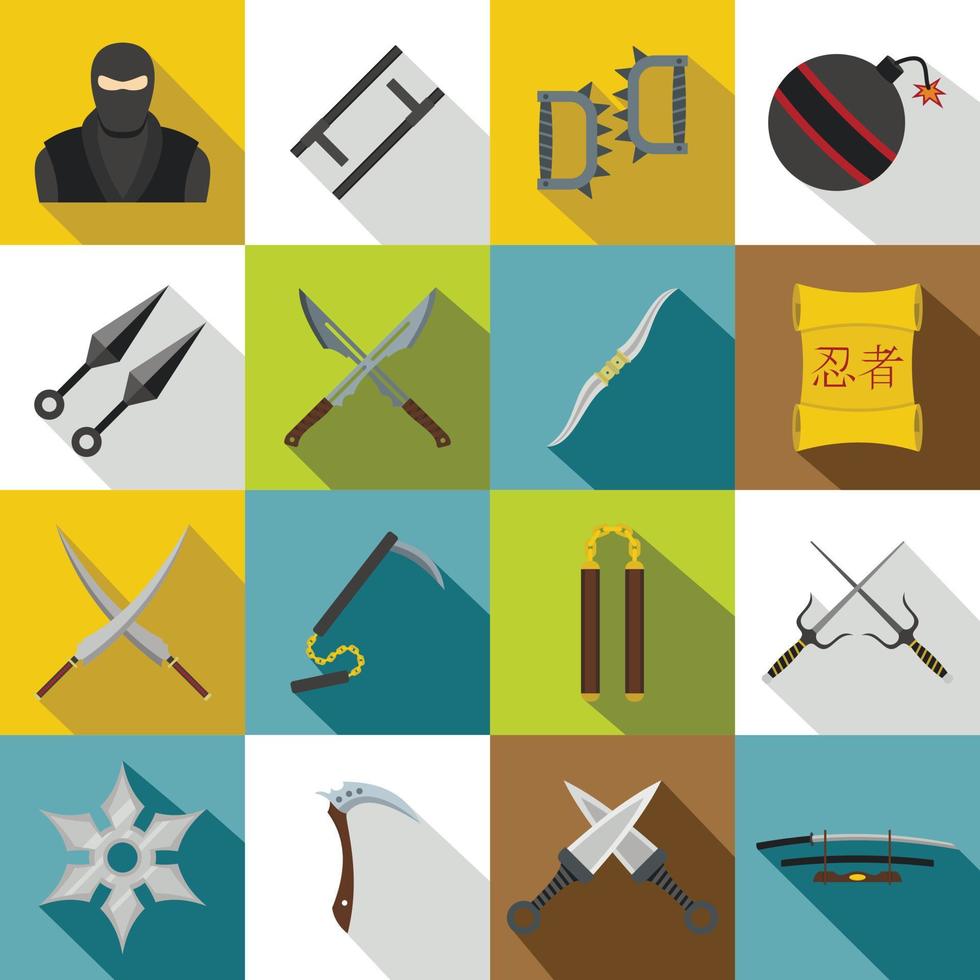 conjunto de iconos de herramientas ninja, estilo plano vector