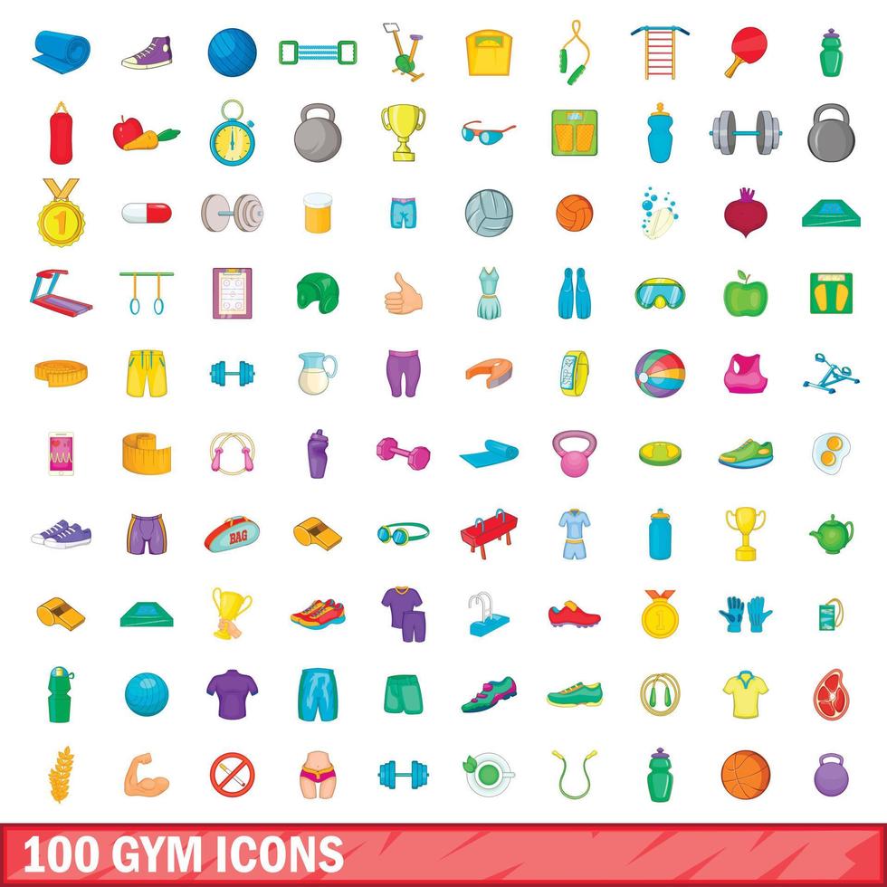 100 iconos de gimnasio, estilo de dibujos animados vector