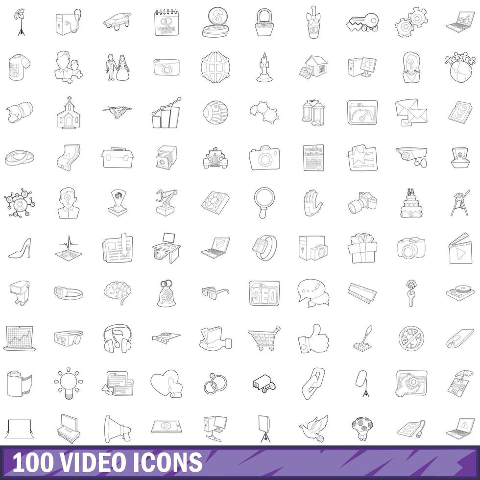 100 iconos de vídeo establecidos, estilo de esquema vector