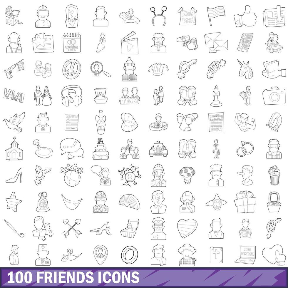 100 amigos, conjunto de iconos de estilo de esquema vector