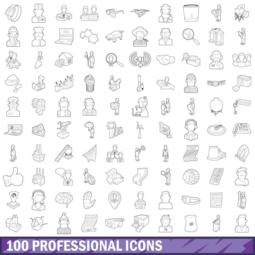 100 professional icons set, outline style vector
