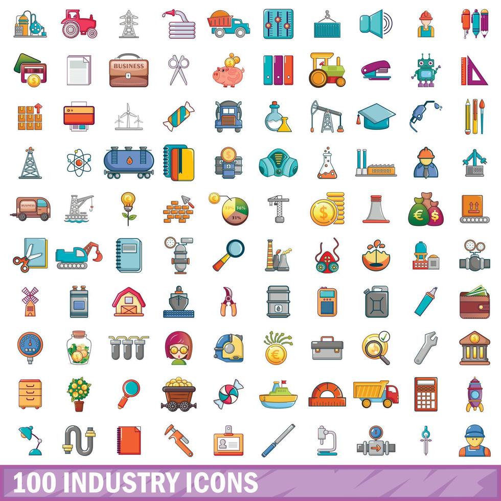 100 industry icons set, cartoon style vector