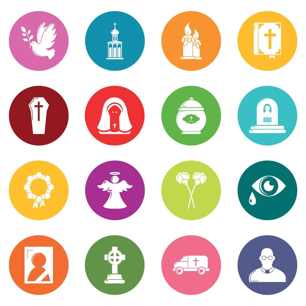 Funeral ritual service icons set colorful circles vector