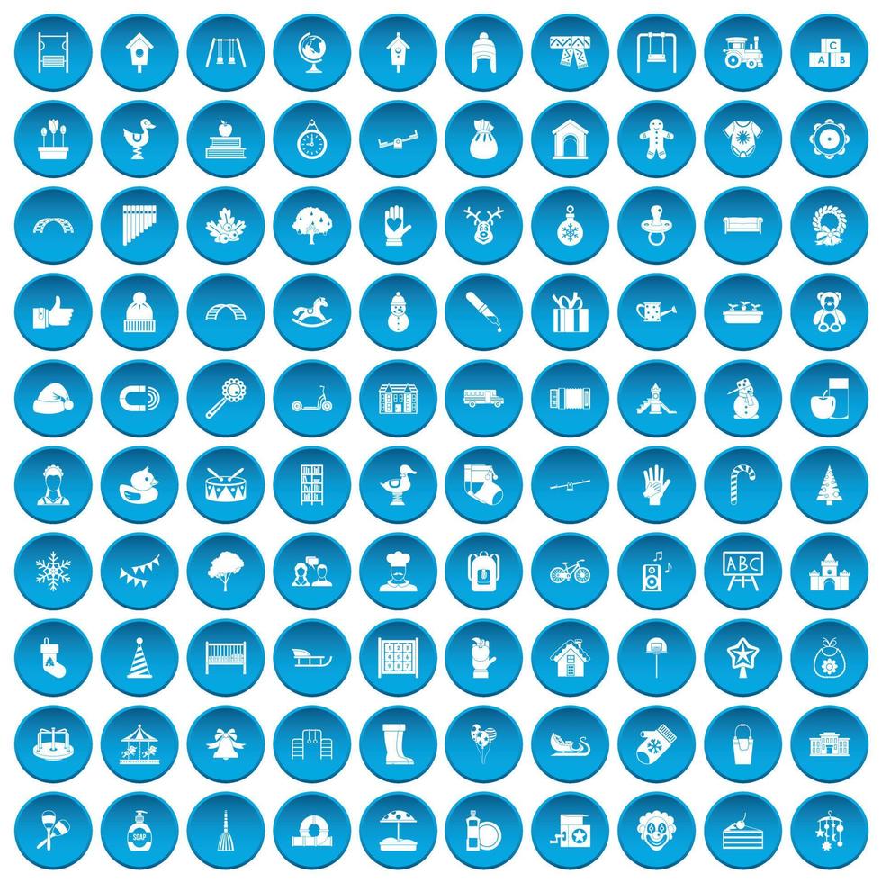 100 iconos de jardín de infantes conjunto azul vector