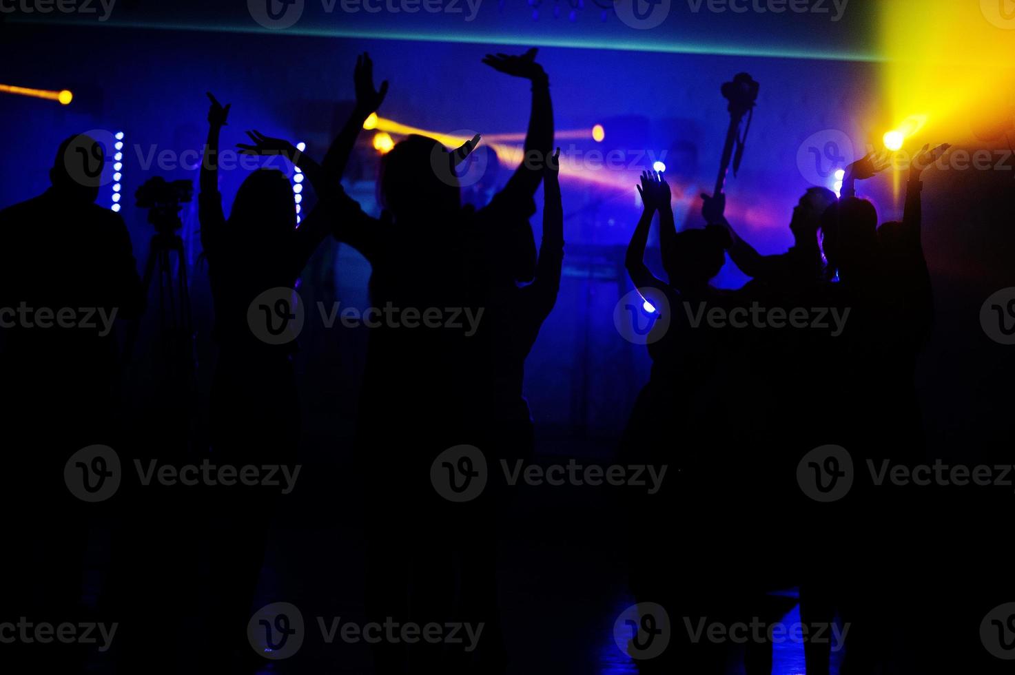 Musicial music live band performing on a stage with different lights with crowd of people fans. photo