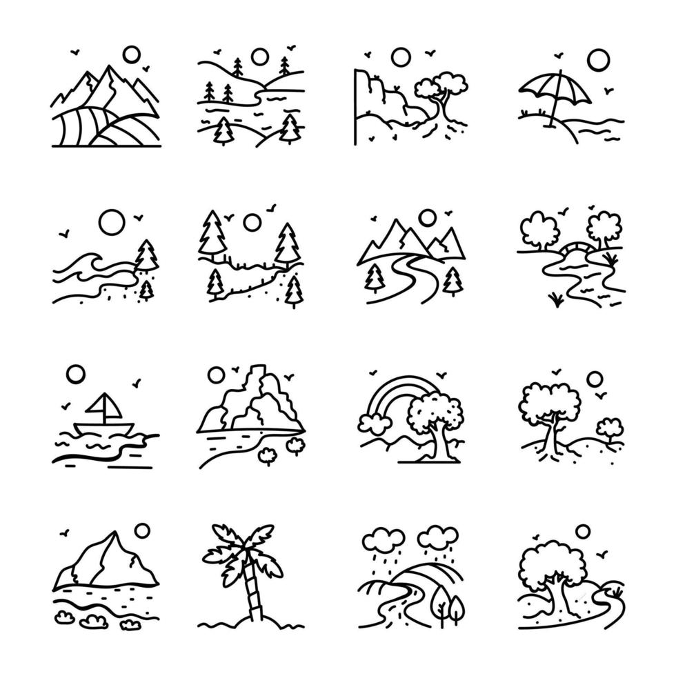 Hand Drawn Icons of Landscapes and Hill Stations vector