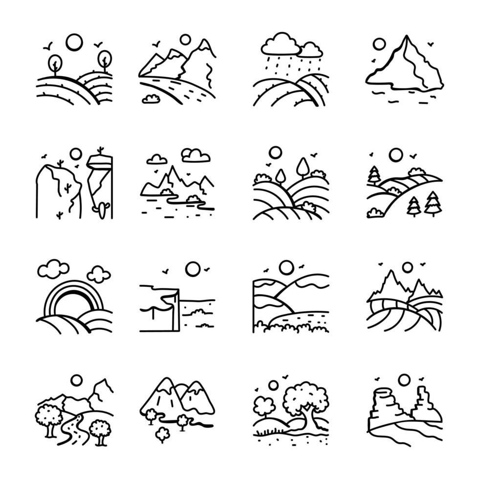 Beautiful Land Views Doodle Icons vector