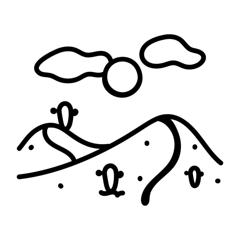 Desert with cactus and sun, doodle icon vector