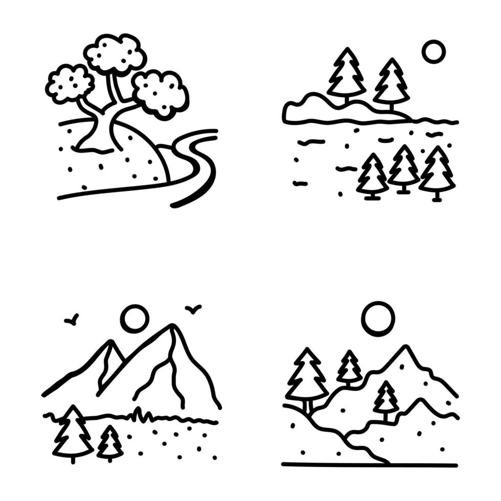 bosque y colinas iconos dibujados a mano vector