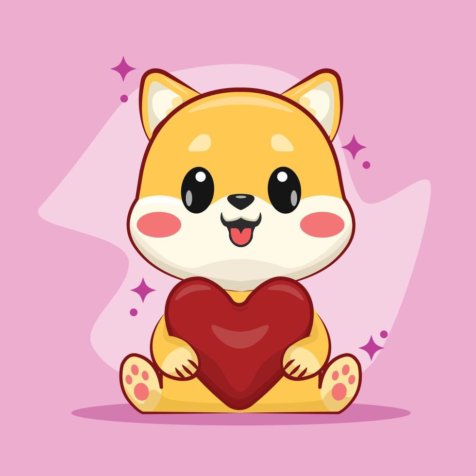 encantador lindo shiba inu con ilustración de icono de vector de dibujos animados de forma de corazón. concepto de icono de naturaleza animal vector premium aislado. estilo de dibujos animados plana