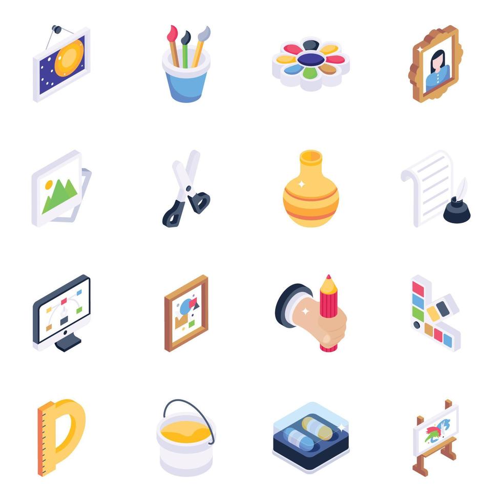 Pack of Art Tools Isometric Icons vector