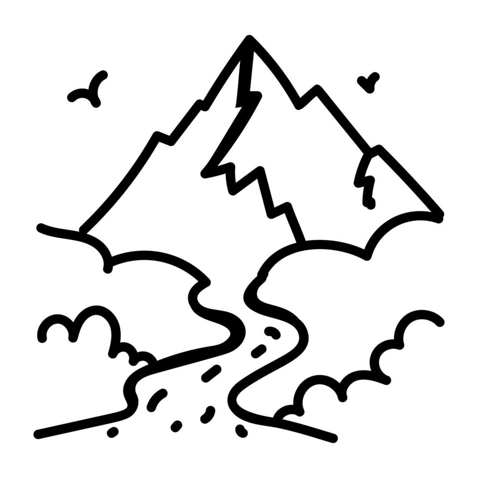 una hermosa vista del pico de la colina en un icono dibujado a mano vector