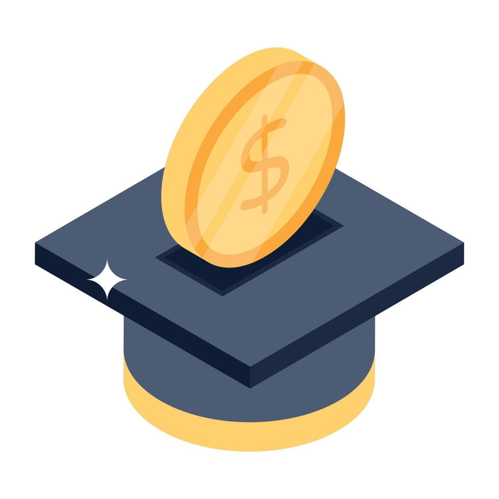 Mortarboard and coin, isometric icon of education insurance vector