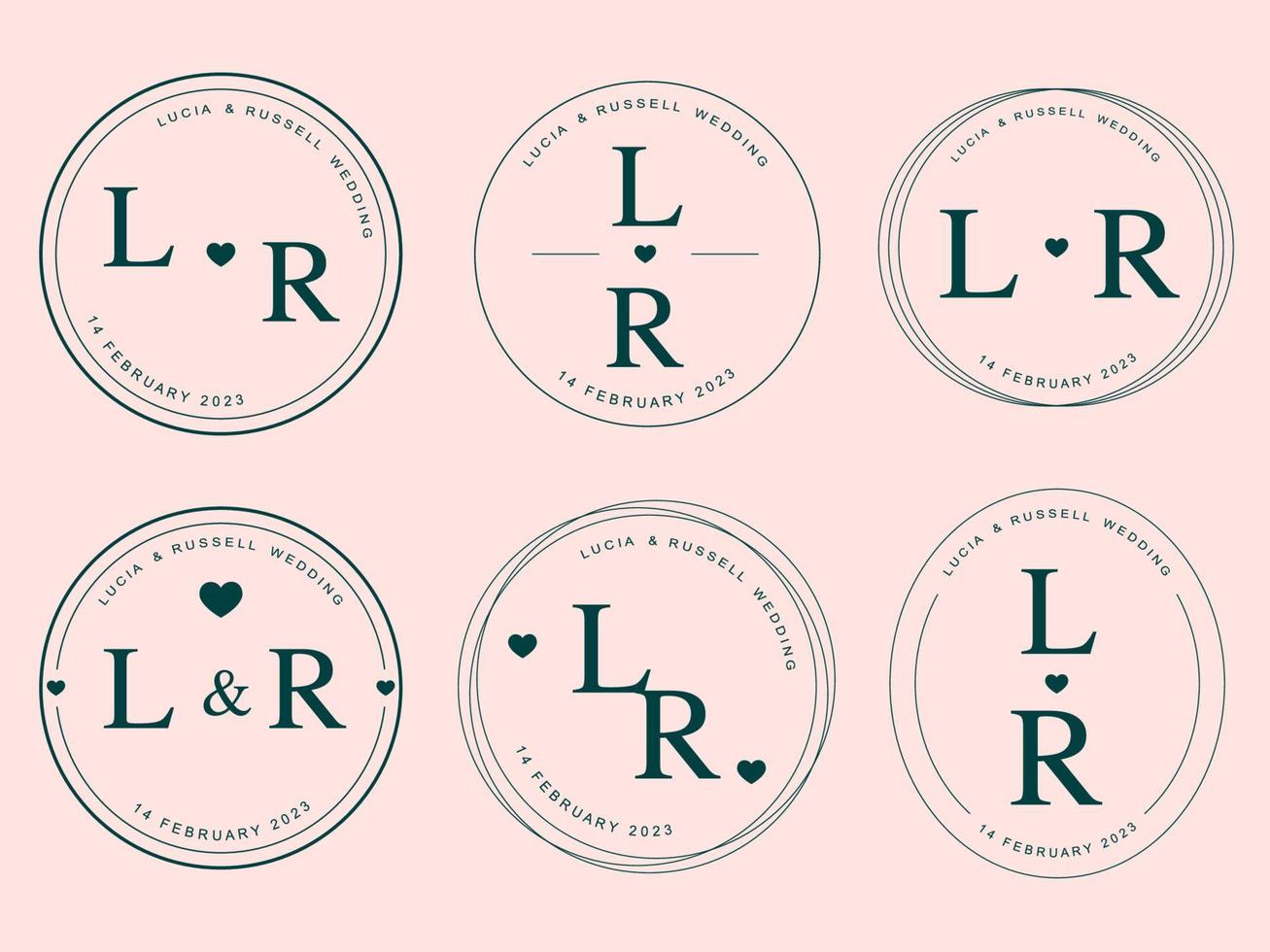 Round symbol set for romantic greeting card. Monogram linear flat wedding logo collection. Minimal frame design element. Circle border invitation template. vector illustration.