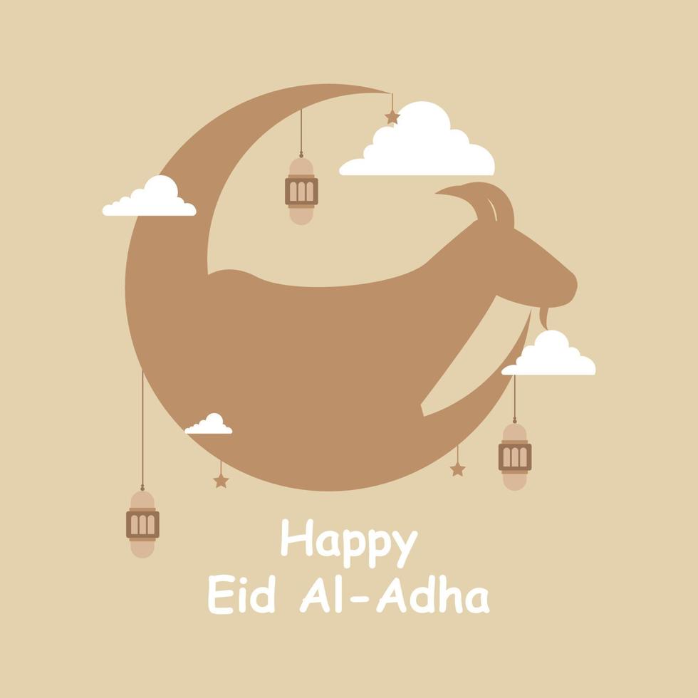 happy eid al adha illustration with goats, lanterns and moon vector