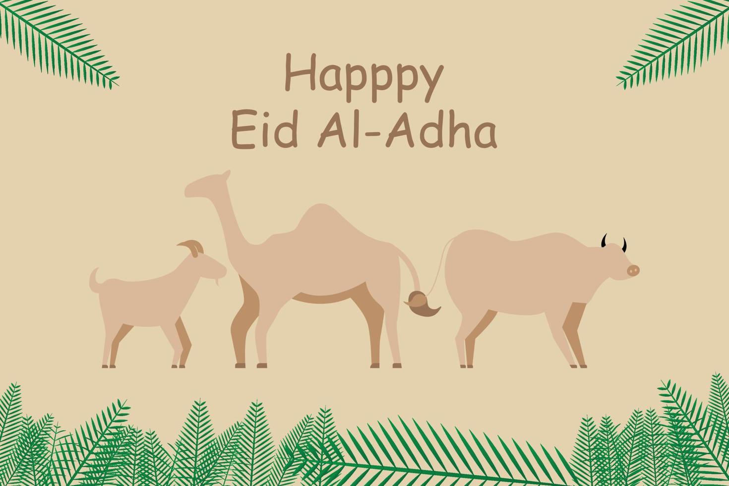 happy eid al adha illustration with goats, sheep, and camels vector