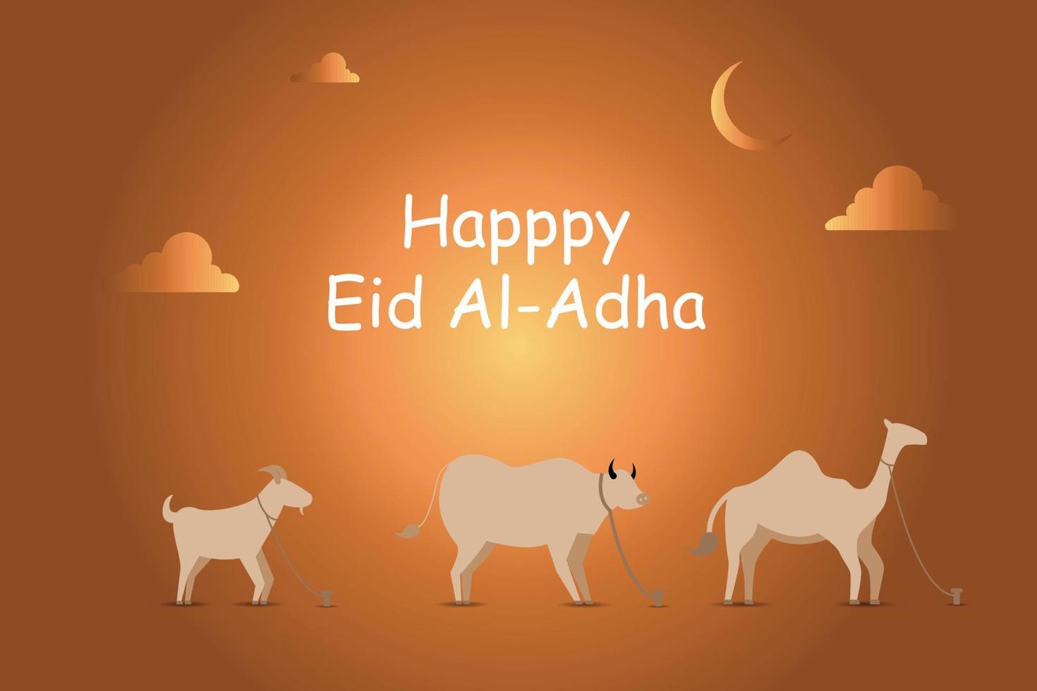 happy eid al adha illustration with goats, sheep, cows and camels vector