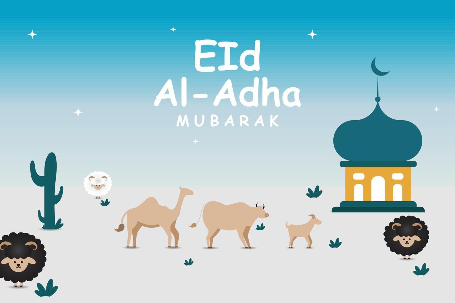 happy eid al adha illustration with goats, sheep, and camels vector