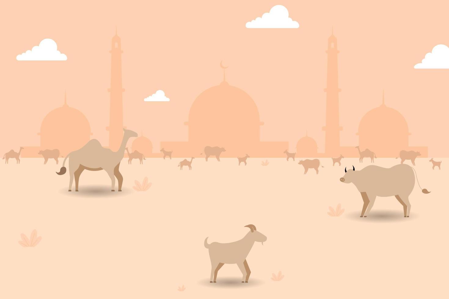 happy eid al adha illustration with goats, sheep, and camels vector