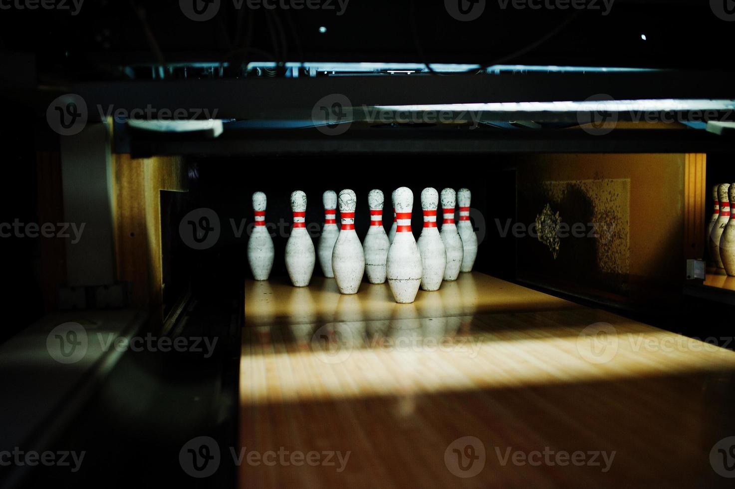 Close up of ten pins at bowling club. photo