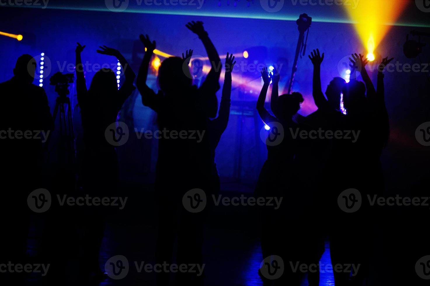 Musicial music live band performing on a stage with different lights with crowd of people fans. photo
