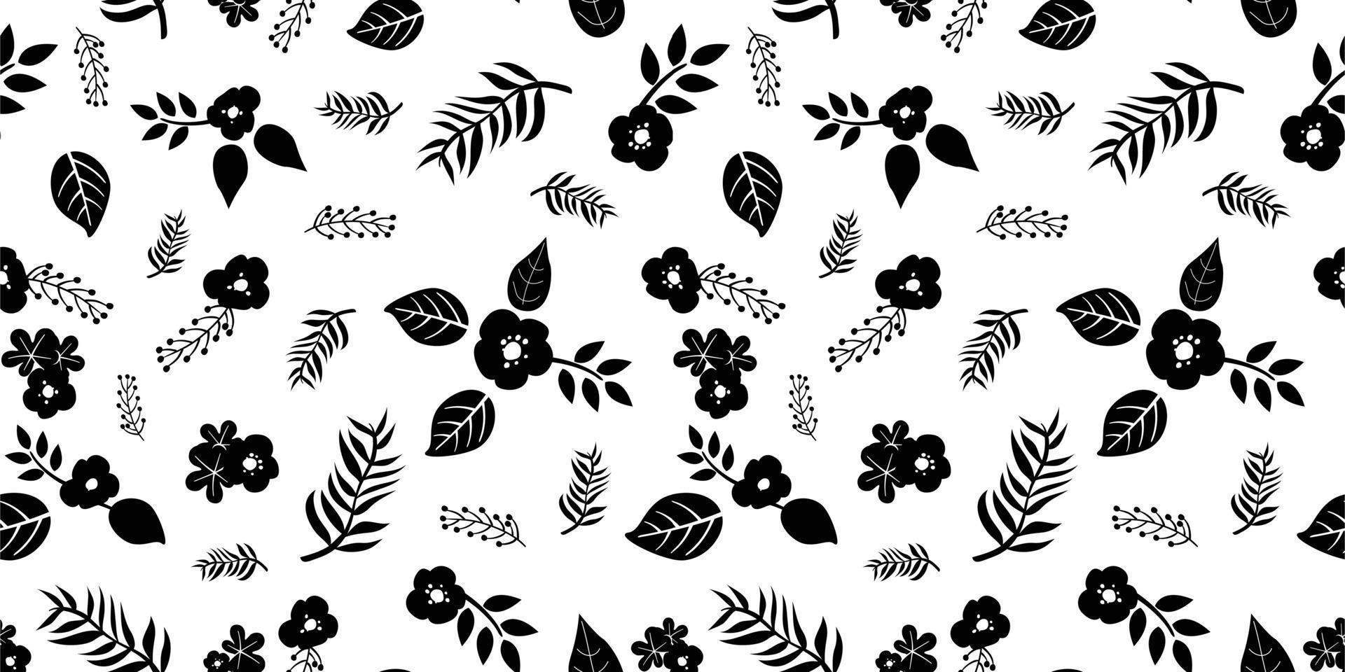 Hand drawn leaves and flowers seamless pattern black and white textile print vector