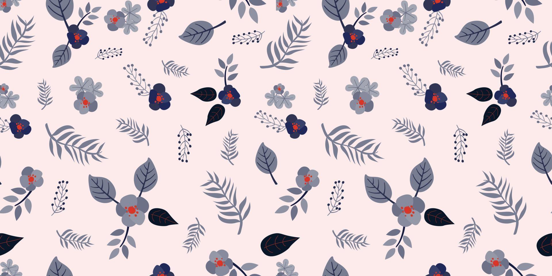 leaves and flowers seamless pattern in gray. Repeating floral vector patterns. Elegant flower design, romantic seamless textile print