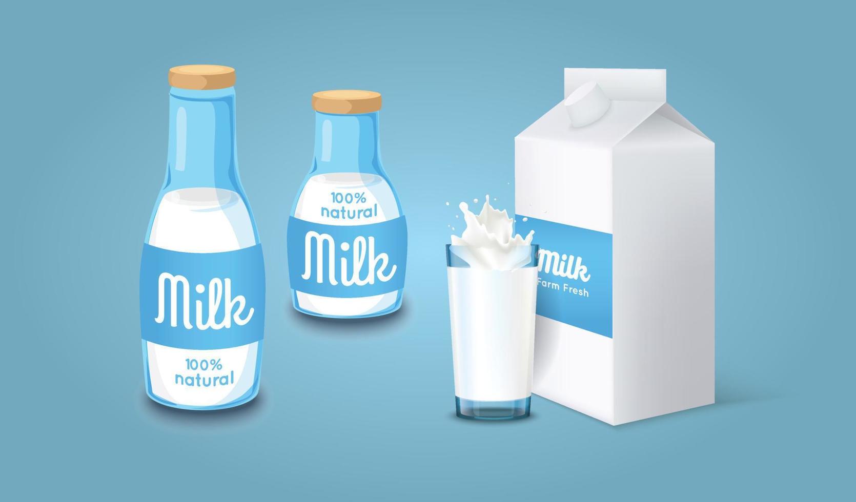 juego de leche en diferentes paquetes, salpicaduras de leche, vidrio, cartón, botella aislada en productos lácteos de fondo blanco en estilo plano y estilo 3d, juego de botellas de leche vector