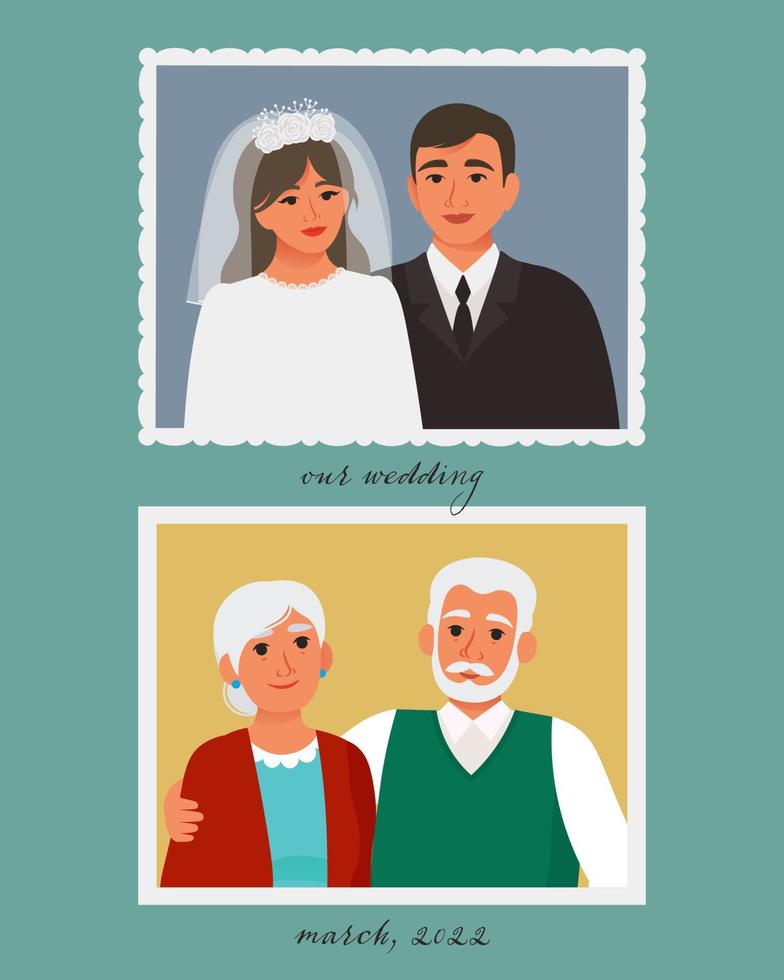 Page from a family photo album with two photos - a wedding photo of a young couple and many years later a photo of an elderly person. Passage of time concept. Vector illustration in flat retro style