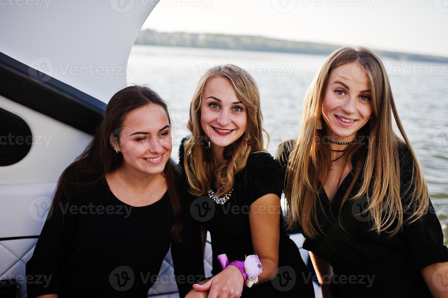 Girls having fun at yacht on hen party. photo