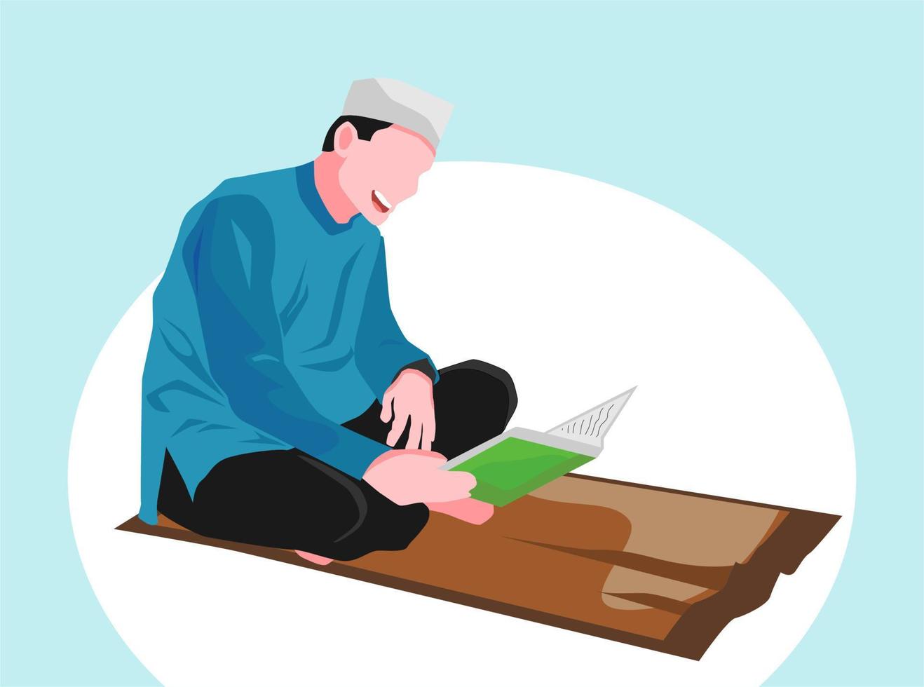 Faceless Muslim man reading a book cross-legged on a prayer rug. faceless muslim man smiling reading a book. vector