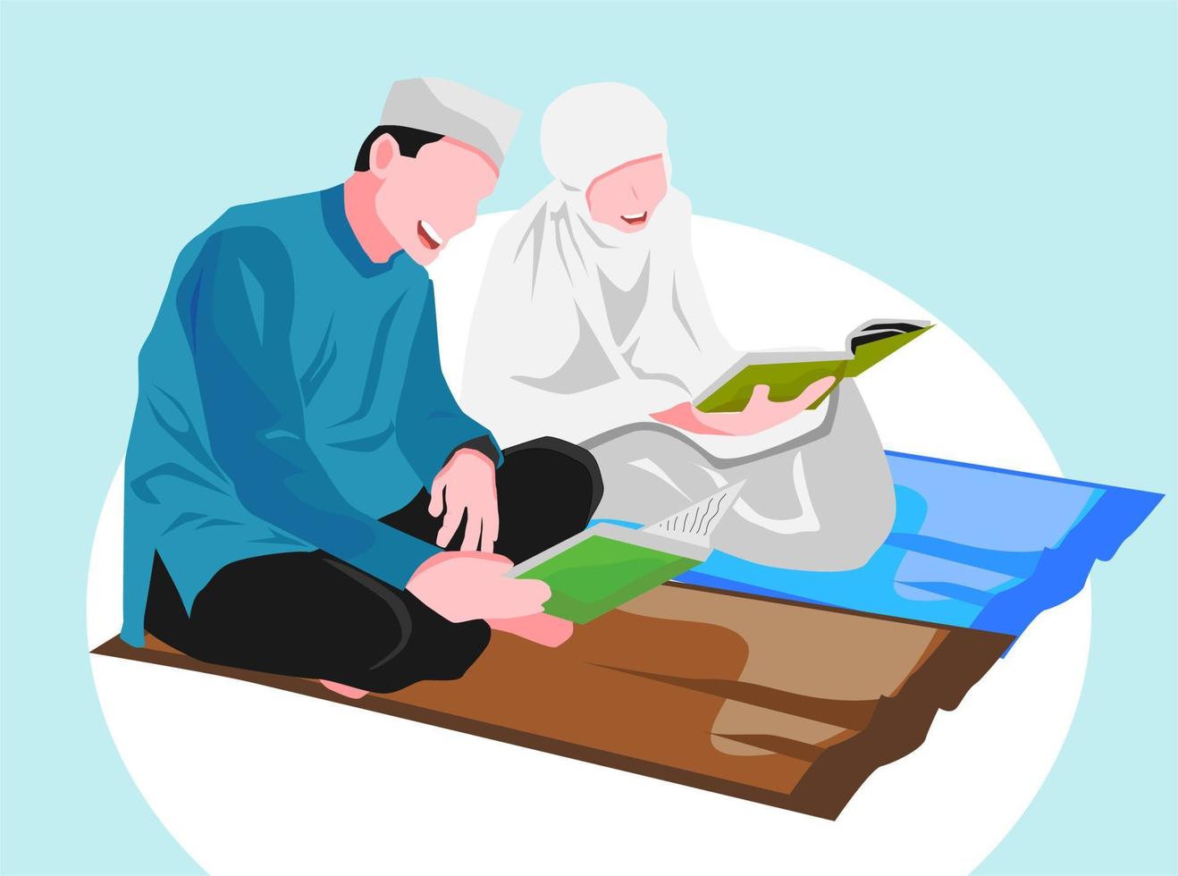 Muslim couple sitting reading a book on a prayer rug vector