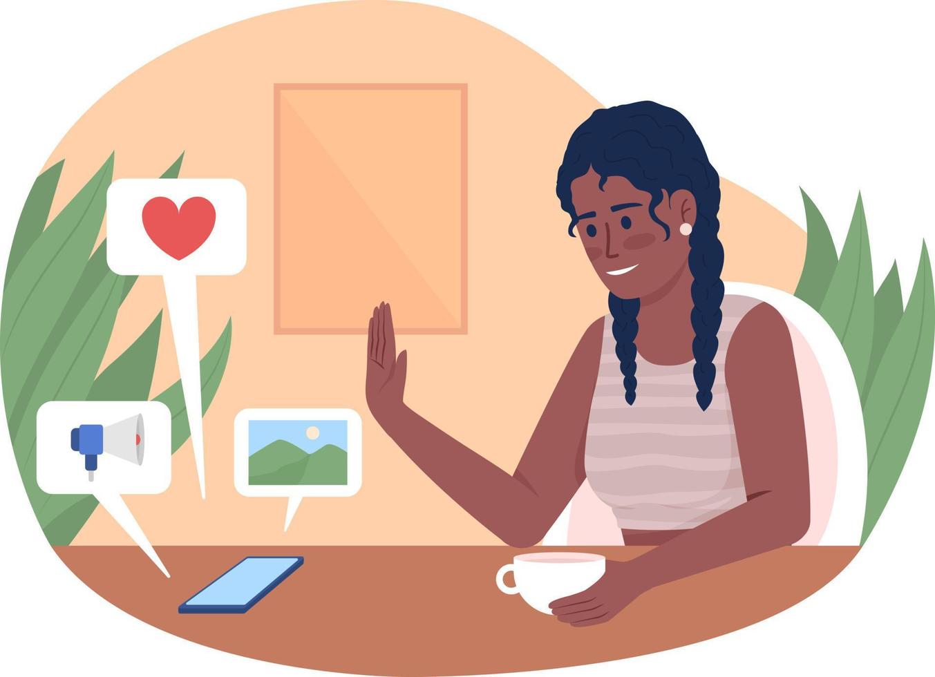 mujer feliz evitando el uso de las redes sociales 2d vector ilustración aislada