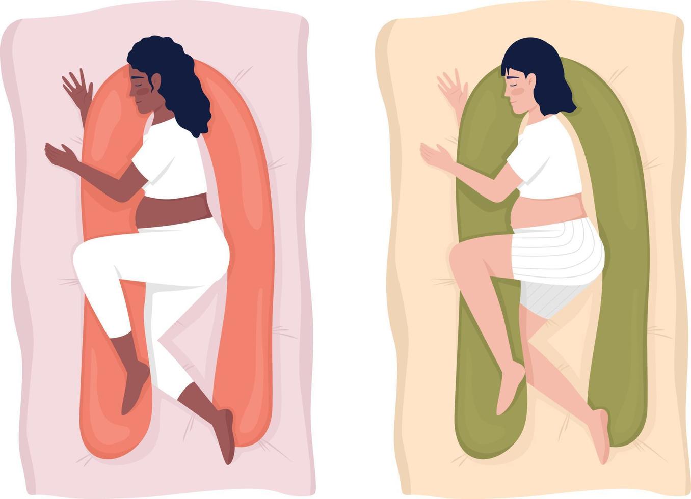 Sleeping with pregnancy pillow 2D vector isolated illustration set