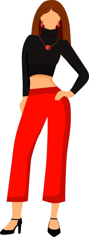 Female model in red crop top and red pants semi flat color vector character