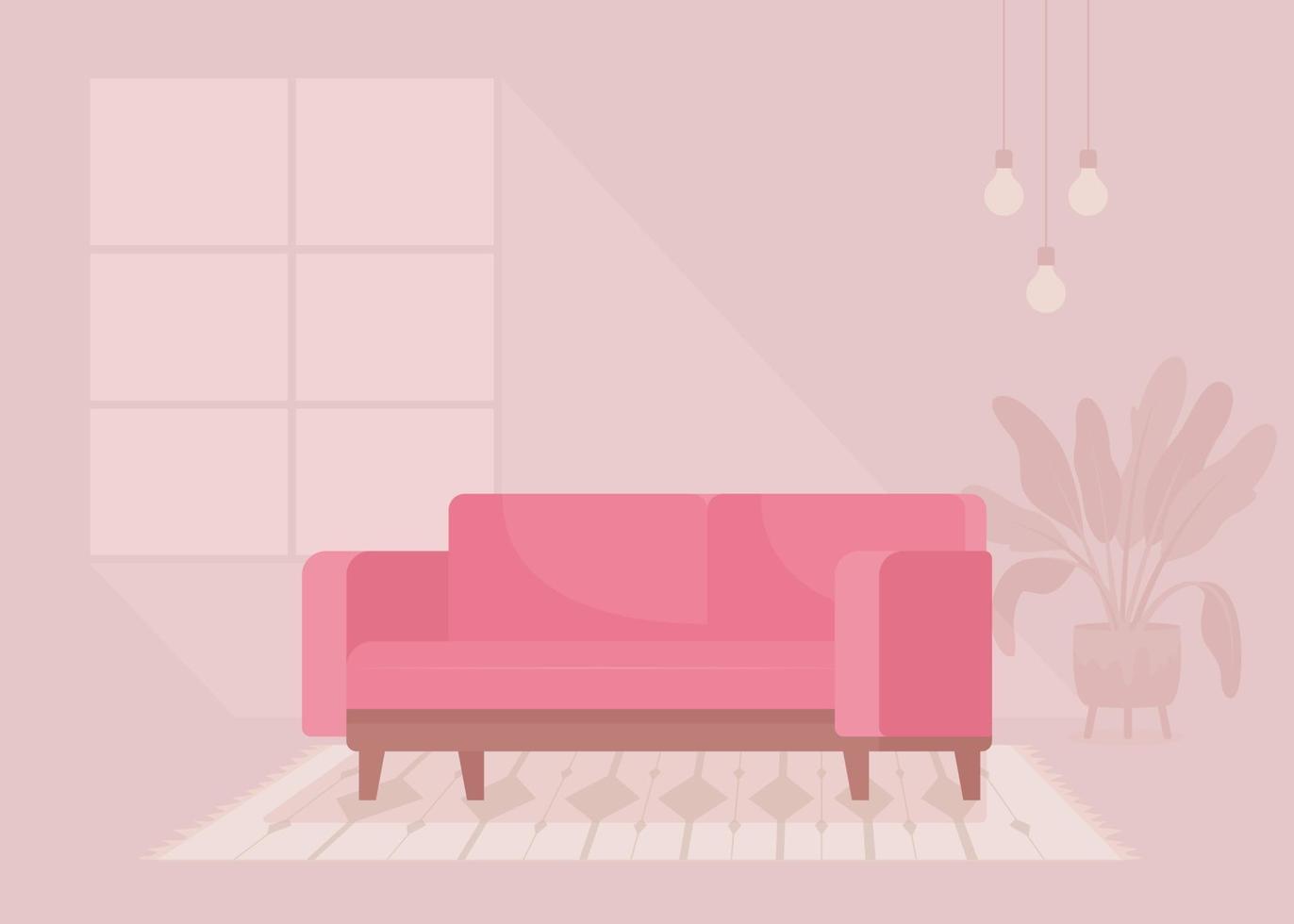 Ilustración de vector de color plano de sofá de terciopelo rosa moderno. decoración de la sala de estar sofá contemporáneo. interior de dibujos animados simples en 2d completamente editable con un ambiente acogedor y una gran ventana en el fondo