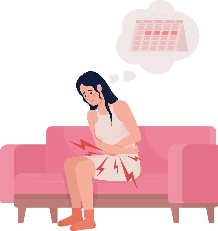 Girl suffering from unbearable menstrual cramps semi flat color vector character