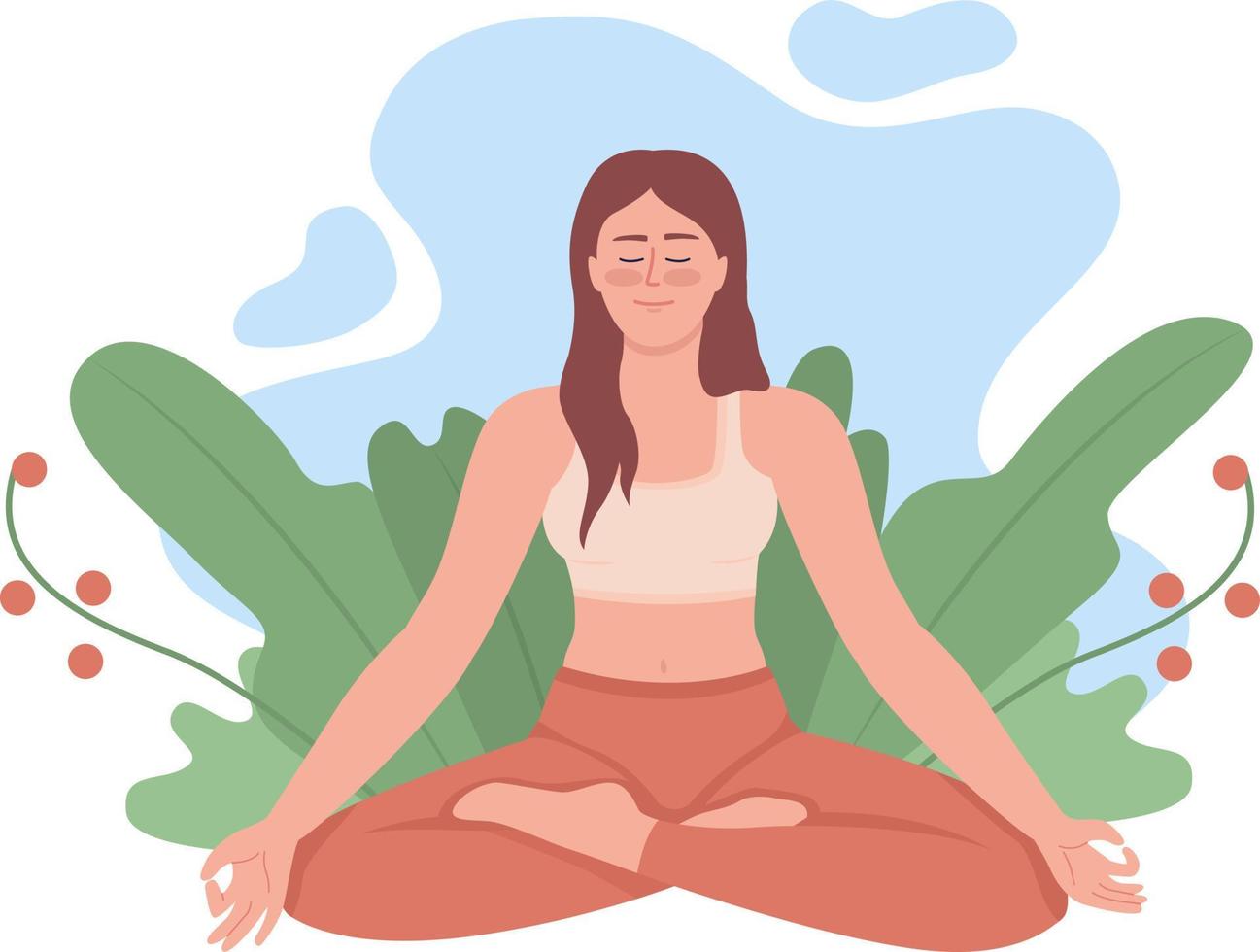 Tranquil woman meditating outdoor 2D vector isolated illustration