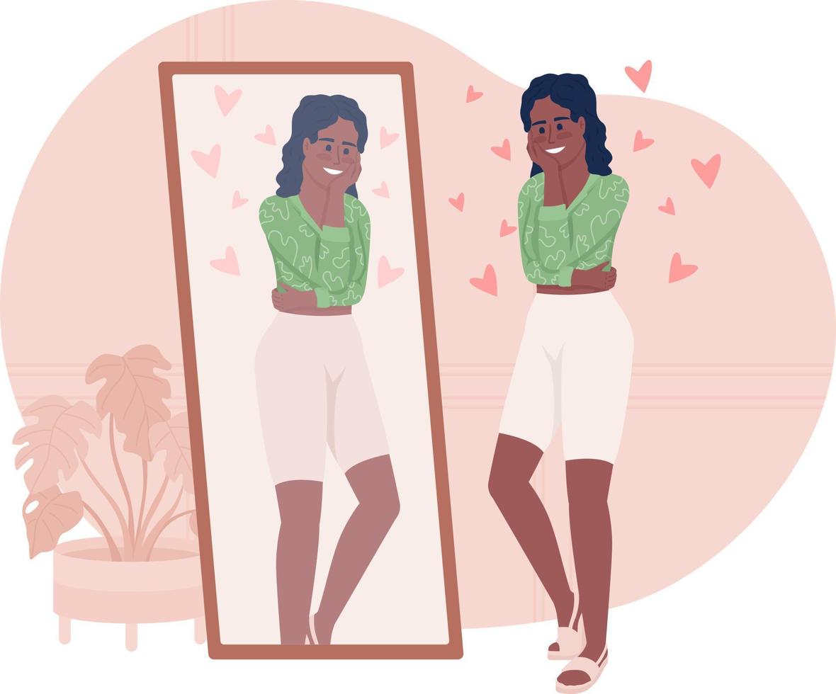 Positive woman near mirror at home 2D vector isolated illustration