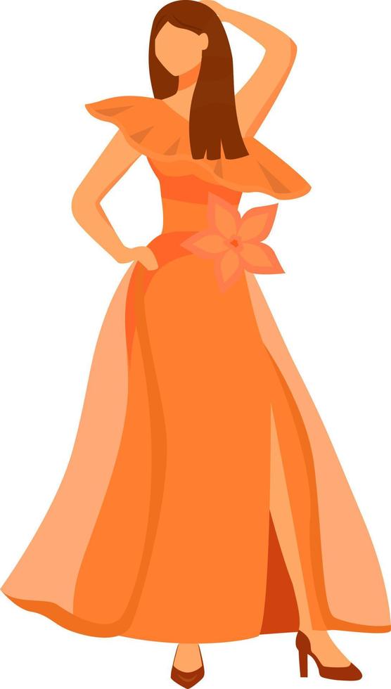 Posing woman wearing wavy maxi dress semi flat color vector character