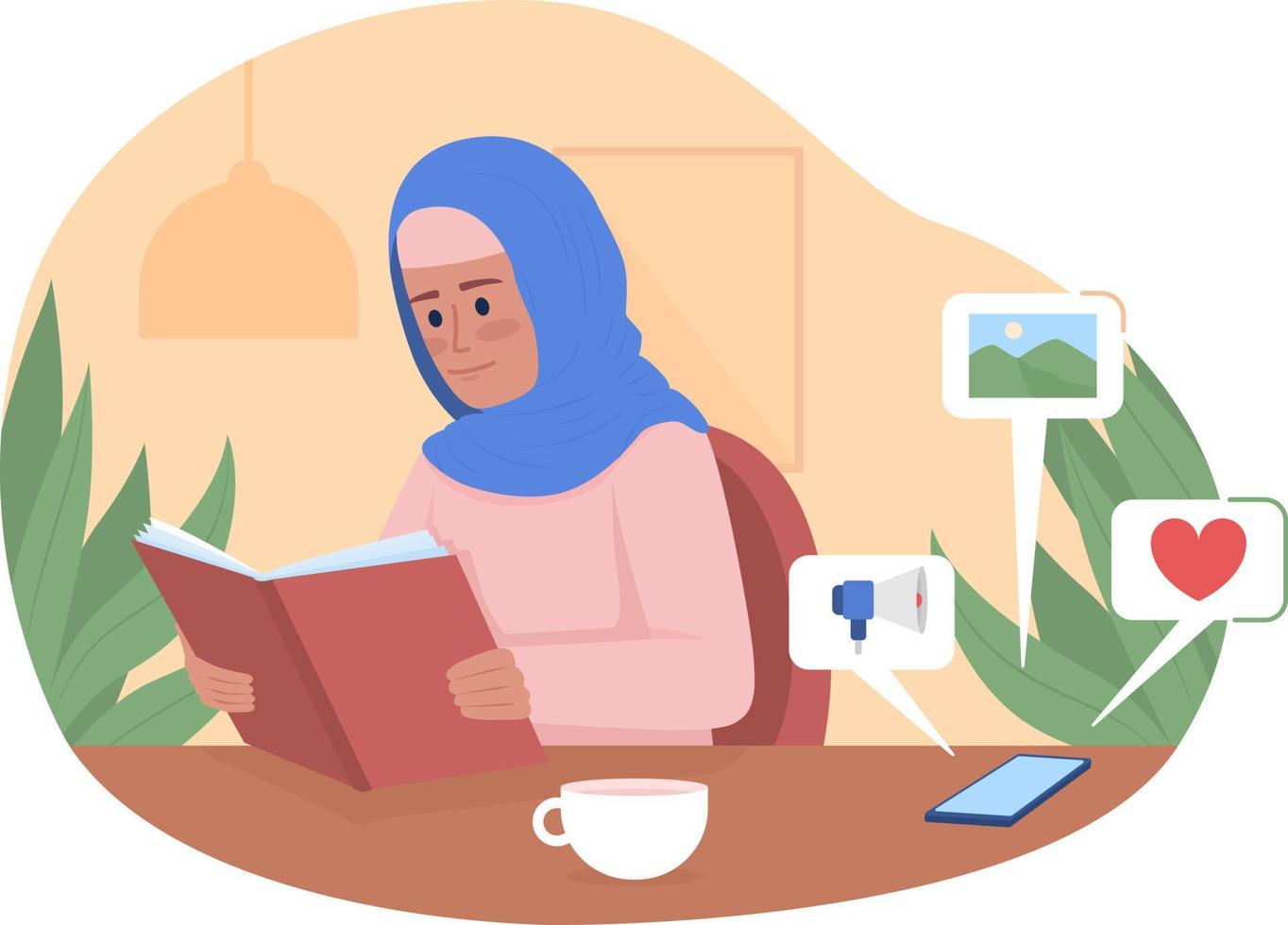 mujer con libro ignorando notificaciones telefónicas 2d vector ilustración aislada