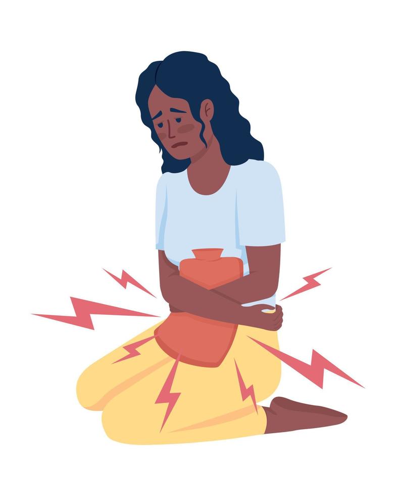 Ill looking young woman with heating pad semi flat color vector character. Editable figure. Full body person on white. Simple cartoon style illustration for web graphic design and animation