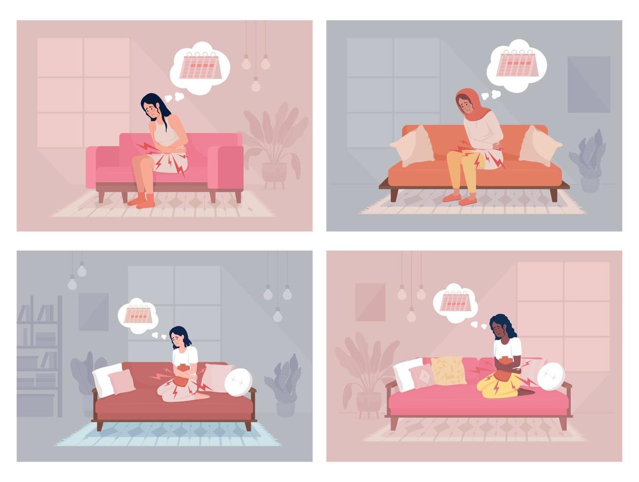 Dysmenorrhea flat color vector illustration set