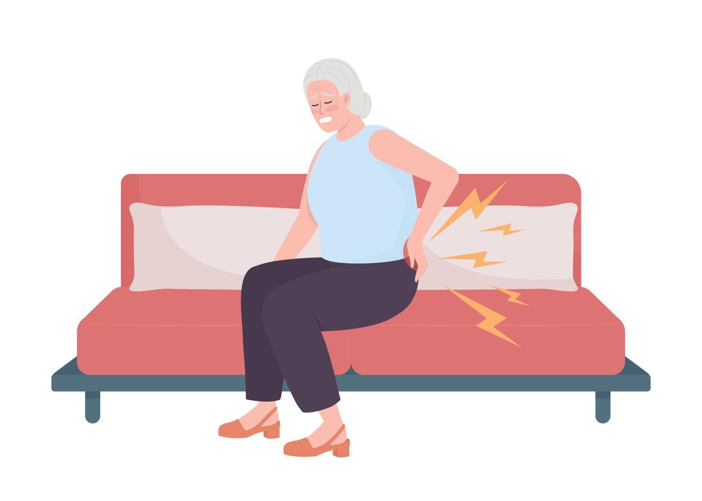 Elderly woman suffering from lower back pain semi flat color vector character. Editable figure. Full body person on white. Simple cartoon style illustration for web graphic design and animation