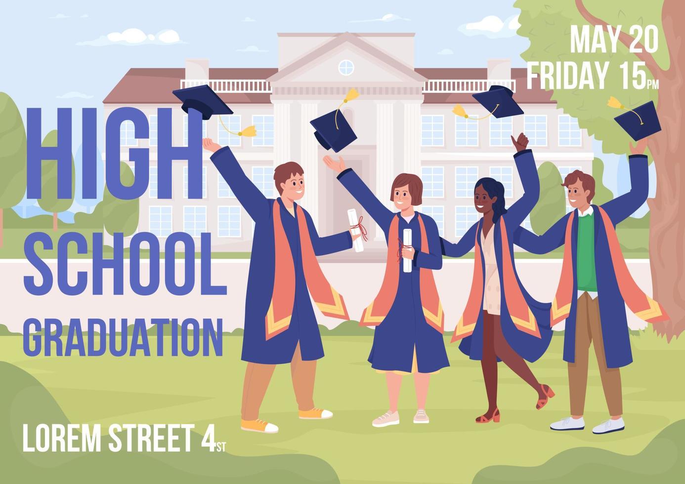 High school graduation party flat vector banner template