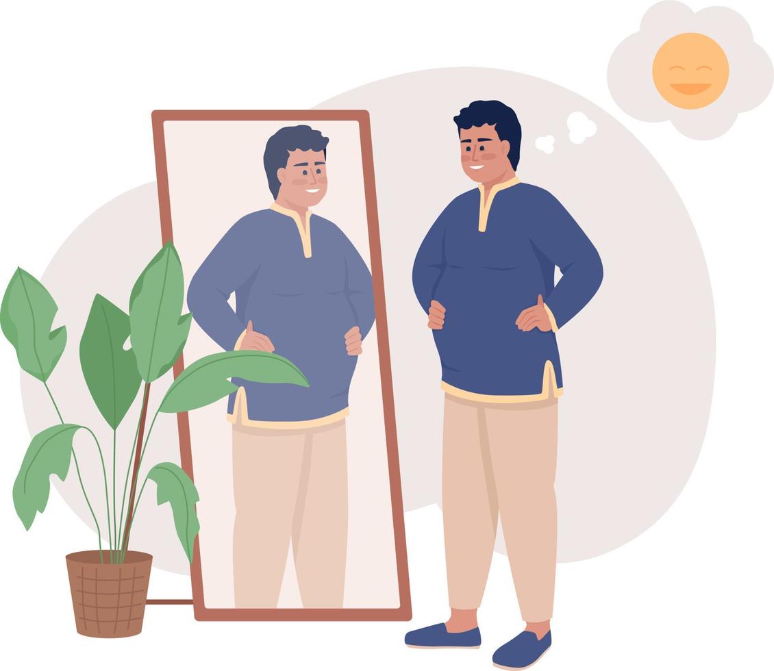 Happy man with overweight near mirror 2D vector isolated illustration