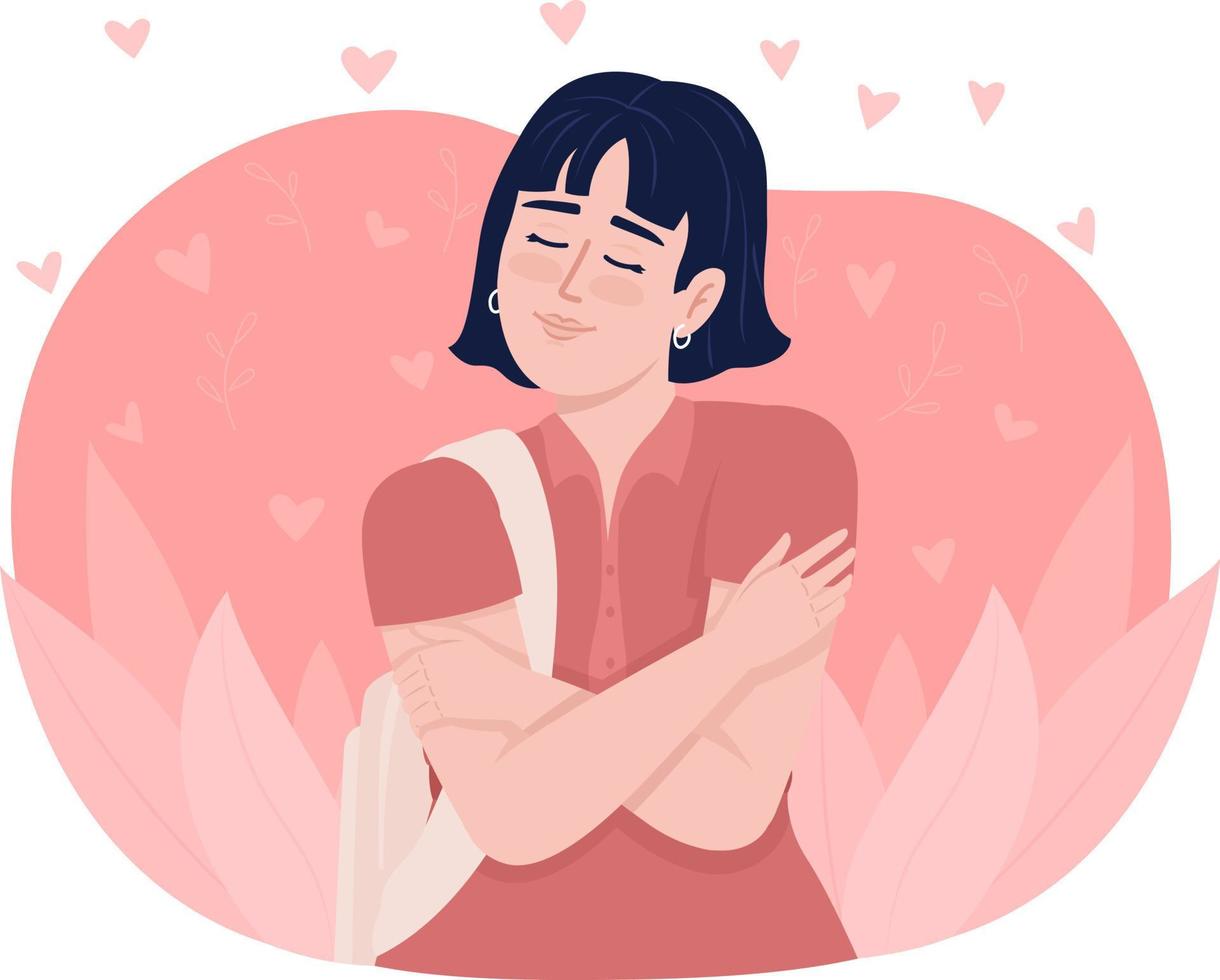 mujer tranquila abrazándose a sí misma 2d vector ilustración aislada