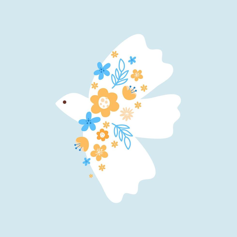 paloma vectorial de la paz. paloma con flores sobre fondo azul. concepto no hay guerra en ucrania. pájaro boho arte de estilo dibujado a mano. feliz día de la Tierra vector