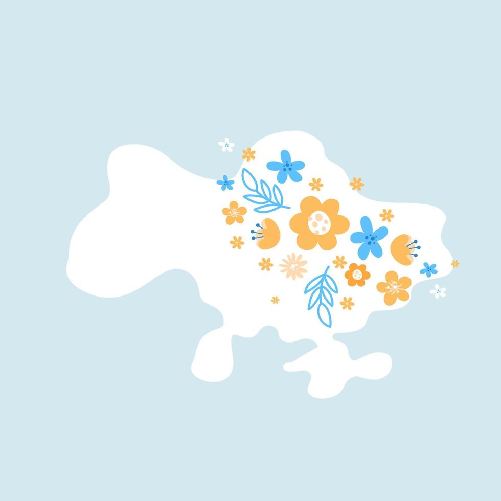 Vector map of Ukraine with flowers on blue background. Stop War concept vector illustration. love Ukrainian illustration. Save Ukraine from Russia